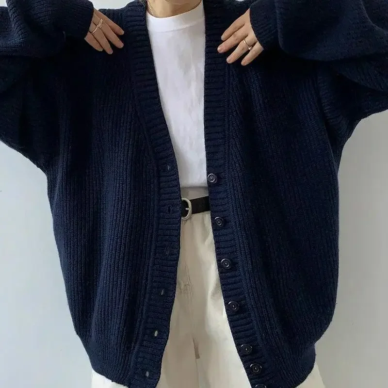 Navy Blue Ladies Sweaters V-neck Knitted Top for Women Cardigan Winter Button New Knitwear Y2k Vintage Fashion 2024 Long Sleeve