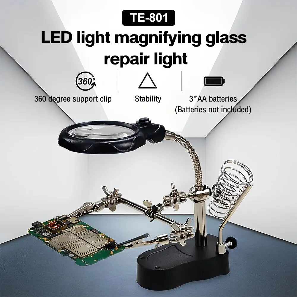 Soldering Iron Station Stand Welding Magnifying Glass Clip Clamp LED Light Desktop Magnifier Third Hand Soldering Repair Tool