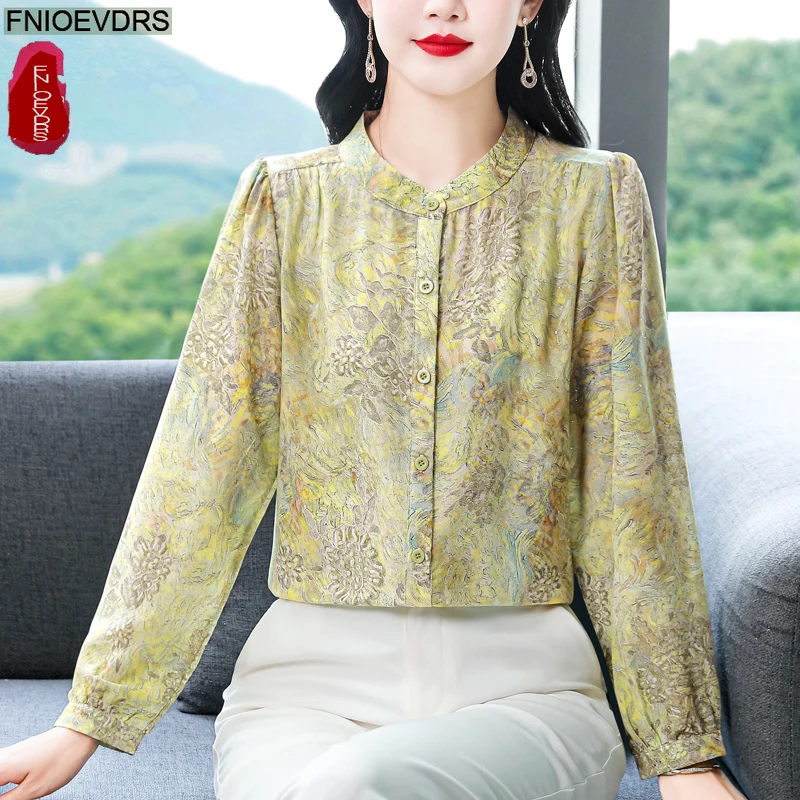 Bling Retro Vintage Stehkragen Tops Blusen Neujahr 2026 Frühling Frau Blumendruck Elegante Pendler Lady Button Basics Shirts
