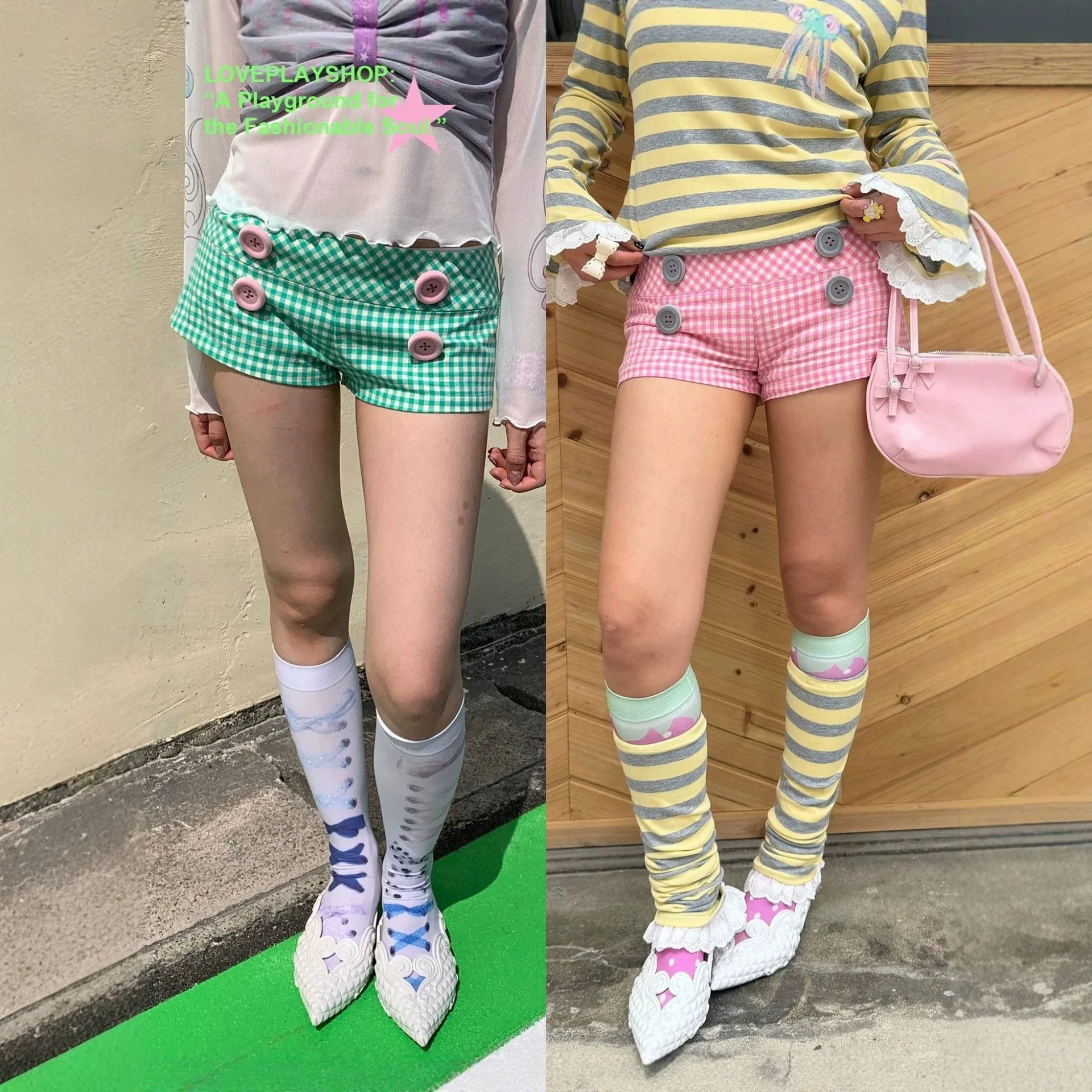 K-style Girl Green Gingham Shorts Double Side Large Pink Button Low Rise Slim Bottoms