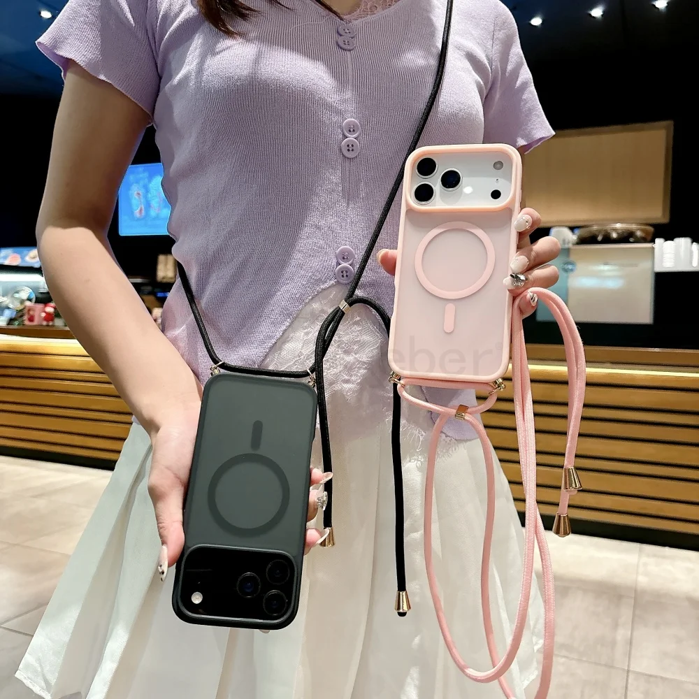 Crossbody Lanyard Strap Matte Magnetic For Magsafe Case For iPhone 17 Pro Max 16 15 14 Plus 13 12 11 XR Wireless Charging Cover