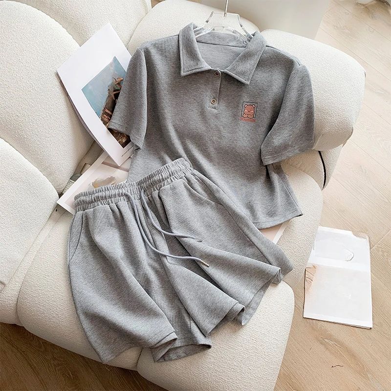 

Academic style Casual tops sports suit women summer Korean style fashionable loose short-sleeved tshirt and shorts two-piece set