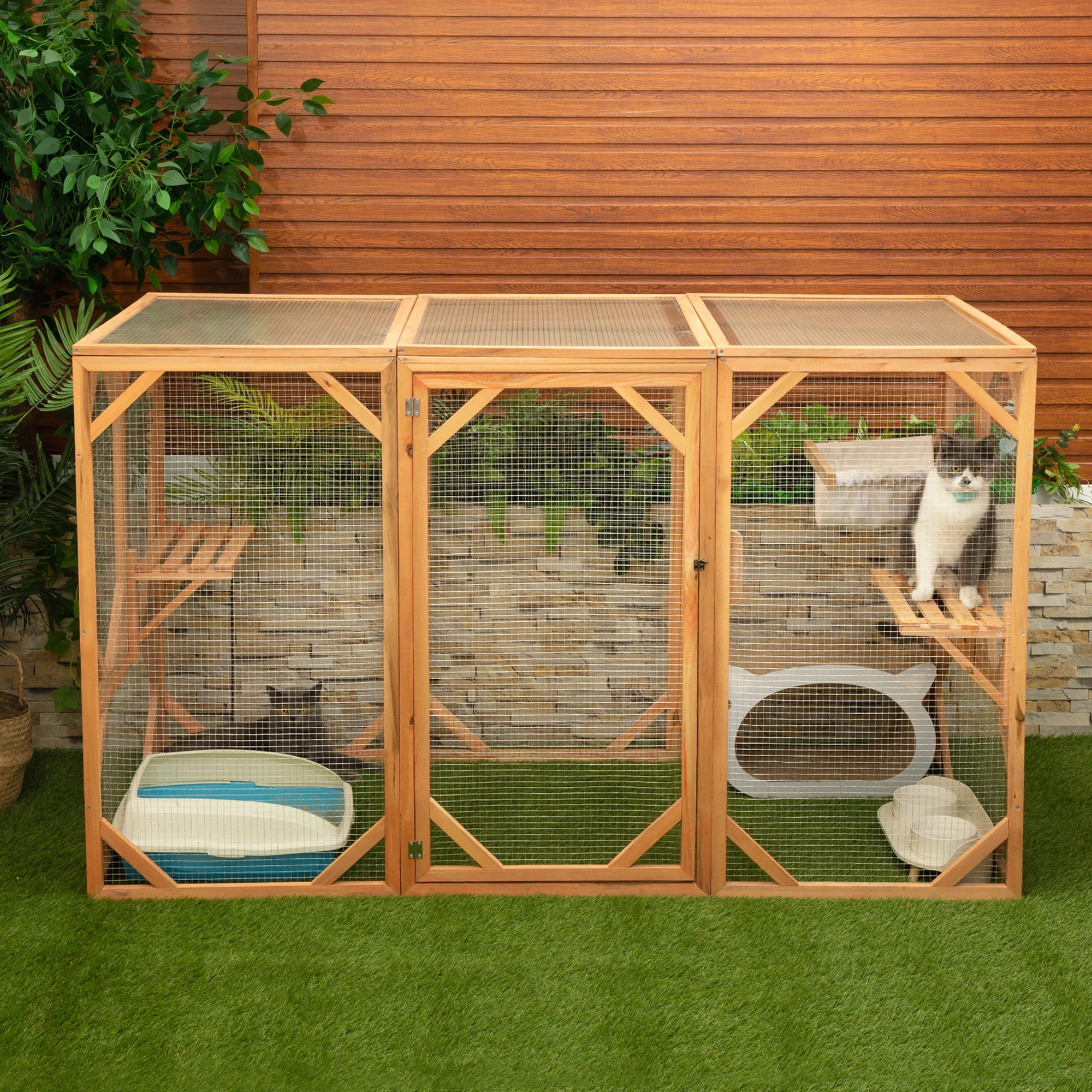 

Large Cat Cage, Wooden Cat Catio Enclosure with Solar Flat Roof, Platforms, Sisal Rope Pedals, Hammock, Door, Indoor and Outdoor