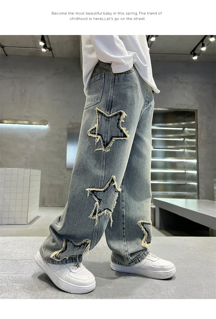 Koreanische Kinder-Jungen-Freizeitjeans mit Fünf-Punkt-Stern-Print, Denim-Hosen für Kinder, Bestseller, Jeans mit elastischem Bund, für Kinder von 5 bis 14 Jahren – Detail 8