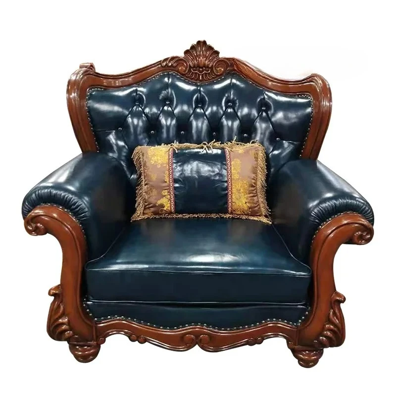 

European sofa American leather solid wood sofa combination retro carved living room villa sofa