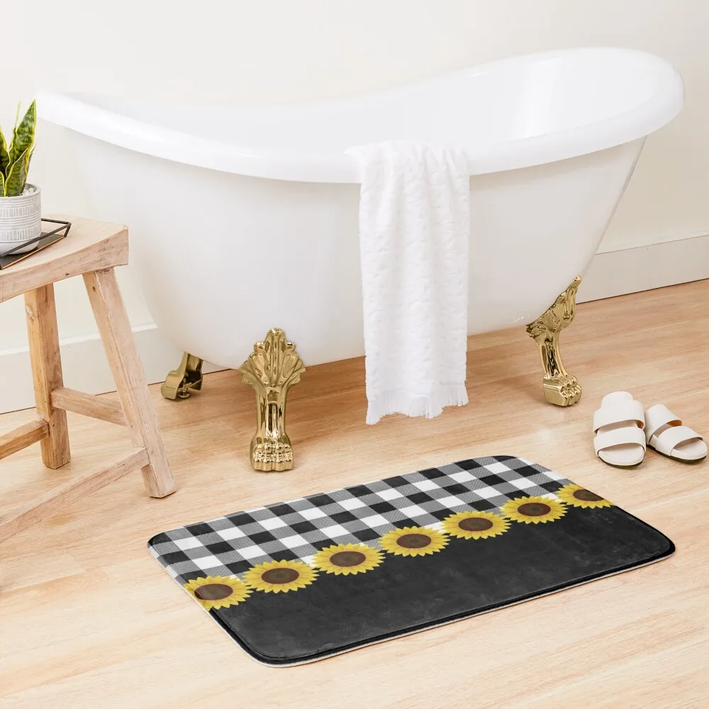 

Black White Buffalo Plaid & Yellow Sunflower Bath Mat Accessories For Shower And Services Absorbent Floor Mat