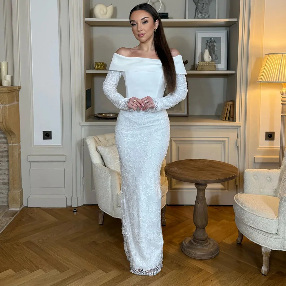 

Charming Off the Shoulder Sheath Wedding Dresses Customized robe de mariée Women Long Sleeves Sequined Lace Bridal Gowns 2026
