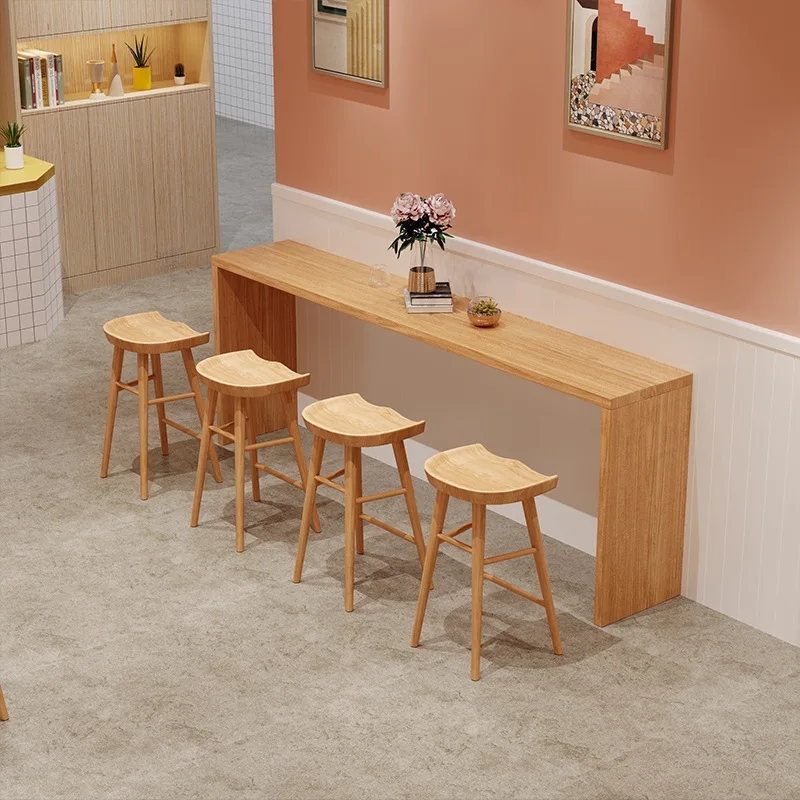 

Solid wood bar dining table and chairs, household high solid wood long table against the wall