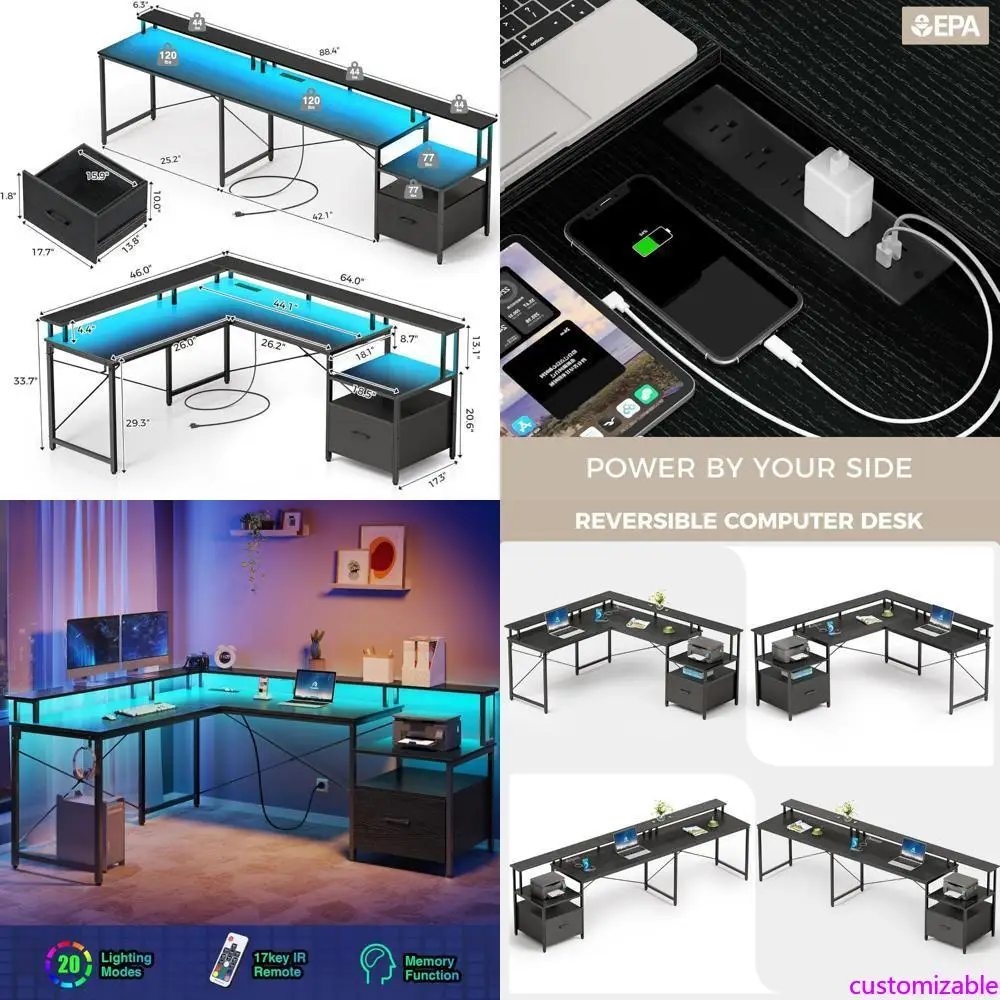 

Игровой стол с ящиками, стол с двумя поверхностями 64, с розеткой и светодиодной подсветкой, включая картотеку