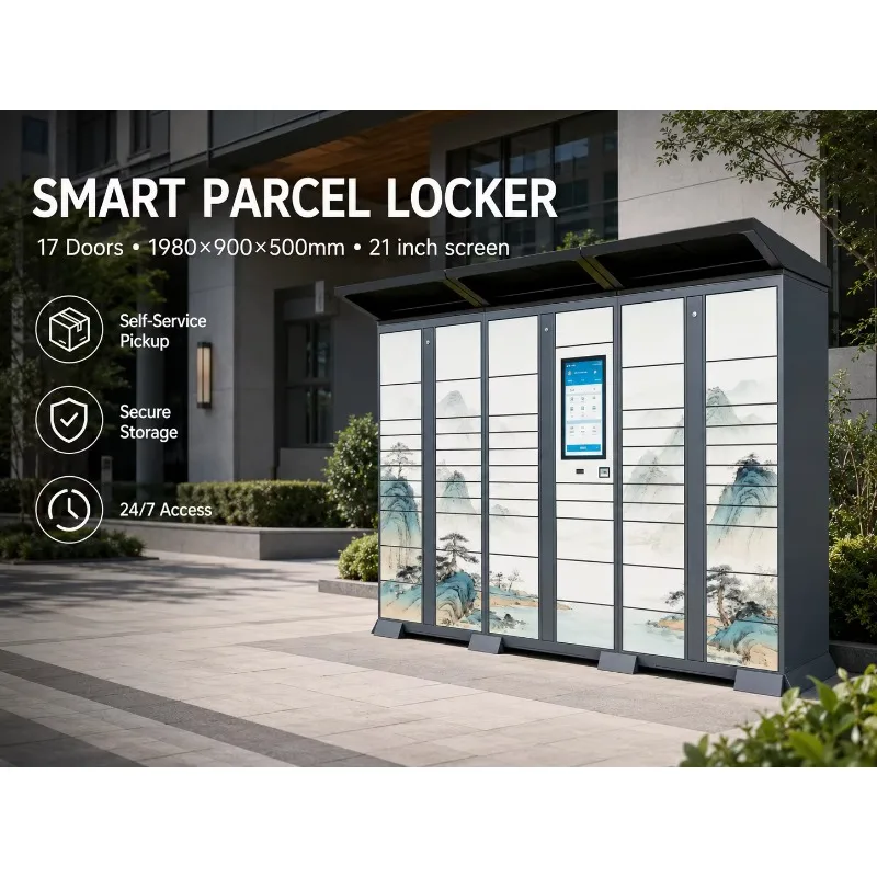 17 Doors Smart Metal Parcel Locker Outdoor Self Service Package Delivery Cabinet 21 Inch Touch Screen Weatherproof Rust