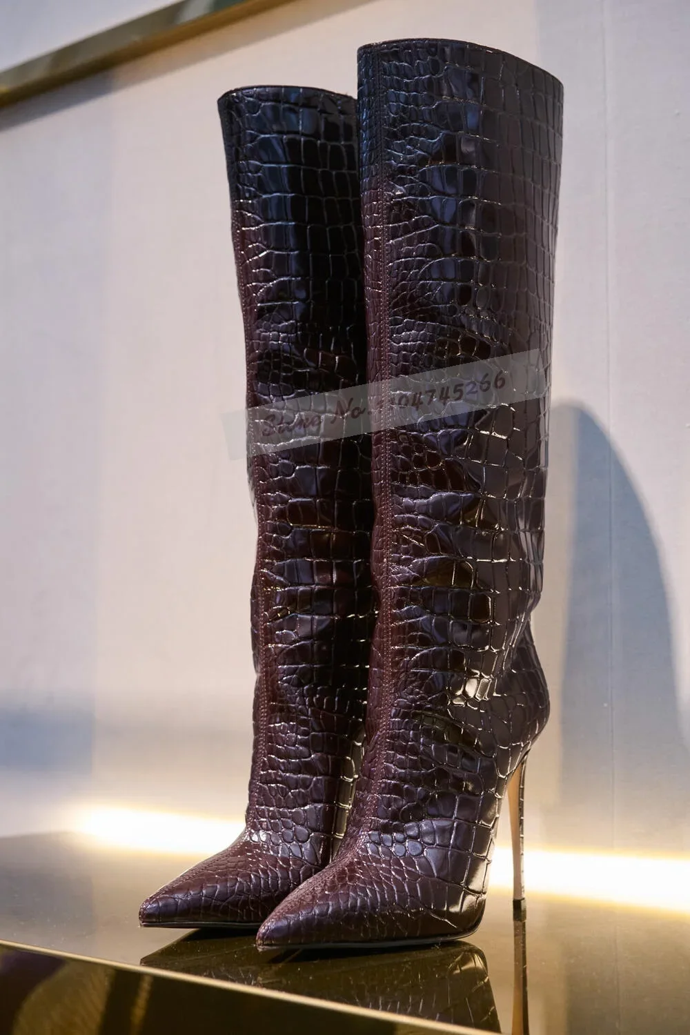 Burgundy Crocodile Thin High Heel Knee Boots Wine Red Matte Stone Pattern Tall Boots Pointed Toe Elegant Dress Shoes