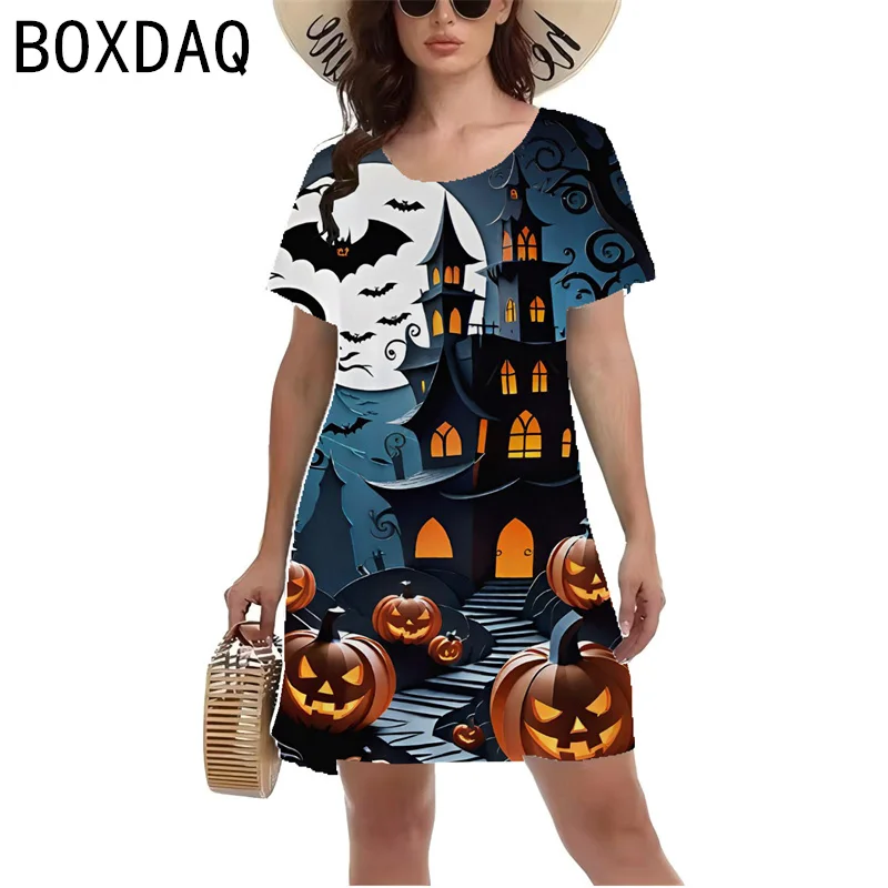 Damska sukienka Horror na imprezę Halloween 3D Horror Halloween Elemental Print Mini sukienka damska z krótkim rękawem O-Neck Casual Dresses