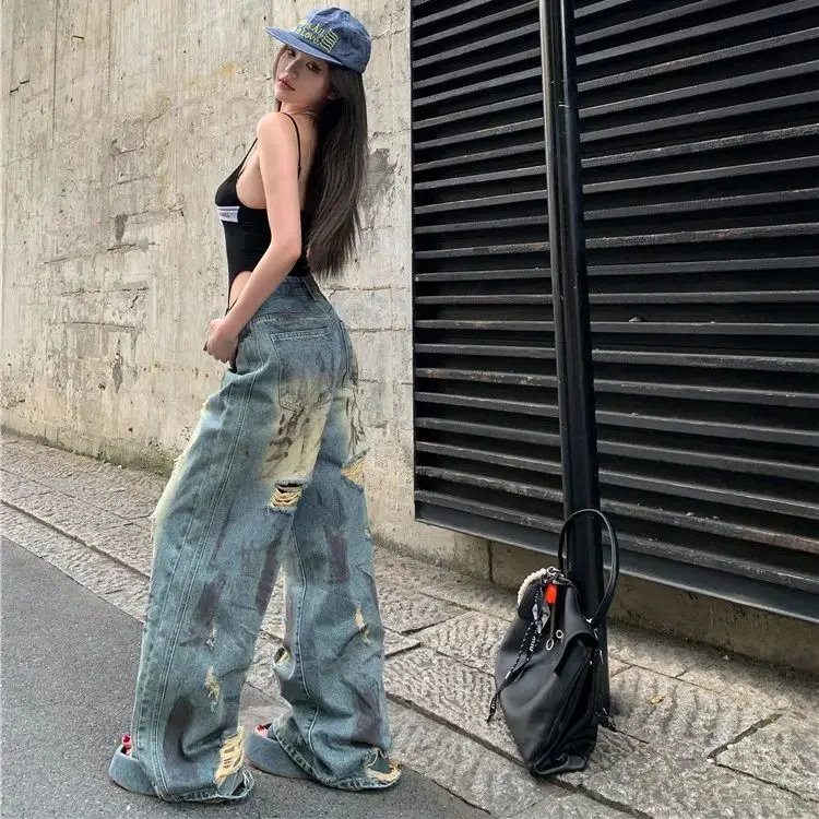 Fashionable Graffiti Ripped Jeans Women's High Street Retro Loose Wide Leg Pants Trend