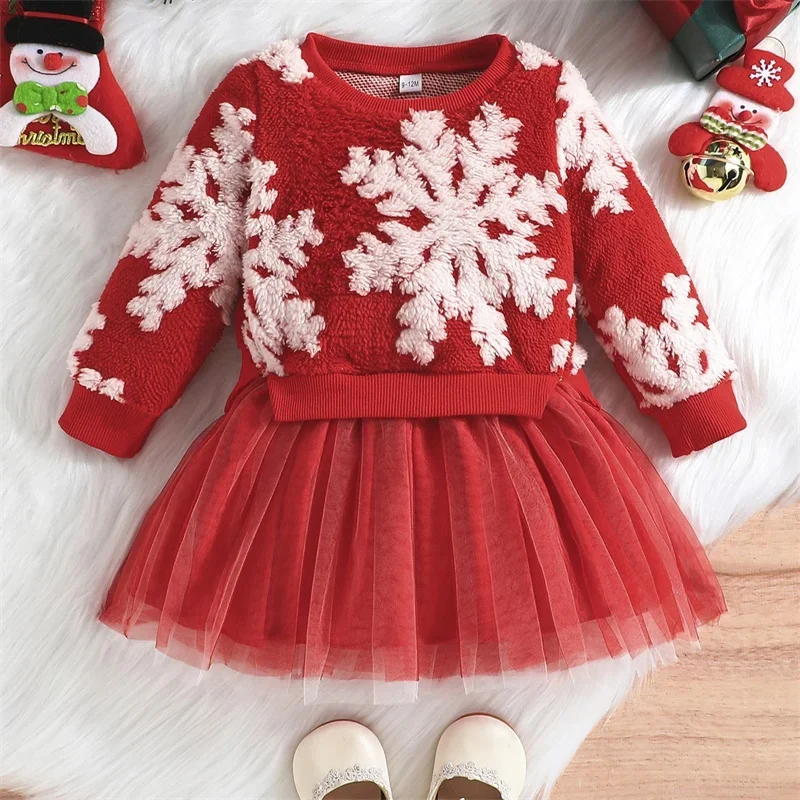 

Christmas Toddler Kids Baby Girl Princess Dresses Fluffy Snowflake Tulle Tutu Dress Children Girl Fashion Patchwork Xmas Dress