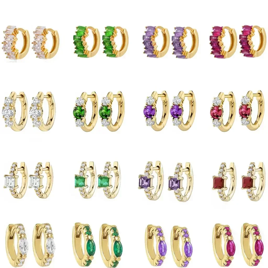 High-Quality 925 Sterling Silver Needle Crystal Small Circle Hoop Earrings for Women White/Green/Purple/Rose Red Zircon Earrings