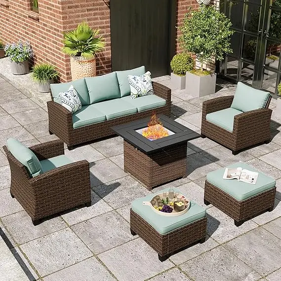 6 Pcs Wicker Outdoor Set, 2 x Single Chairs, 1 x 3 Seater Sofa and 2 x Ottoman with 4