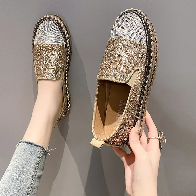 Women Shining Rhinestone Flats Loafers Slip-on Thick Botton Casual Woman Crystal Shoes Female Fashion Sneakers Sports Running