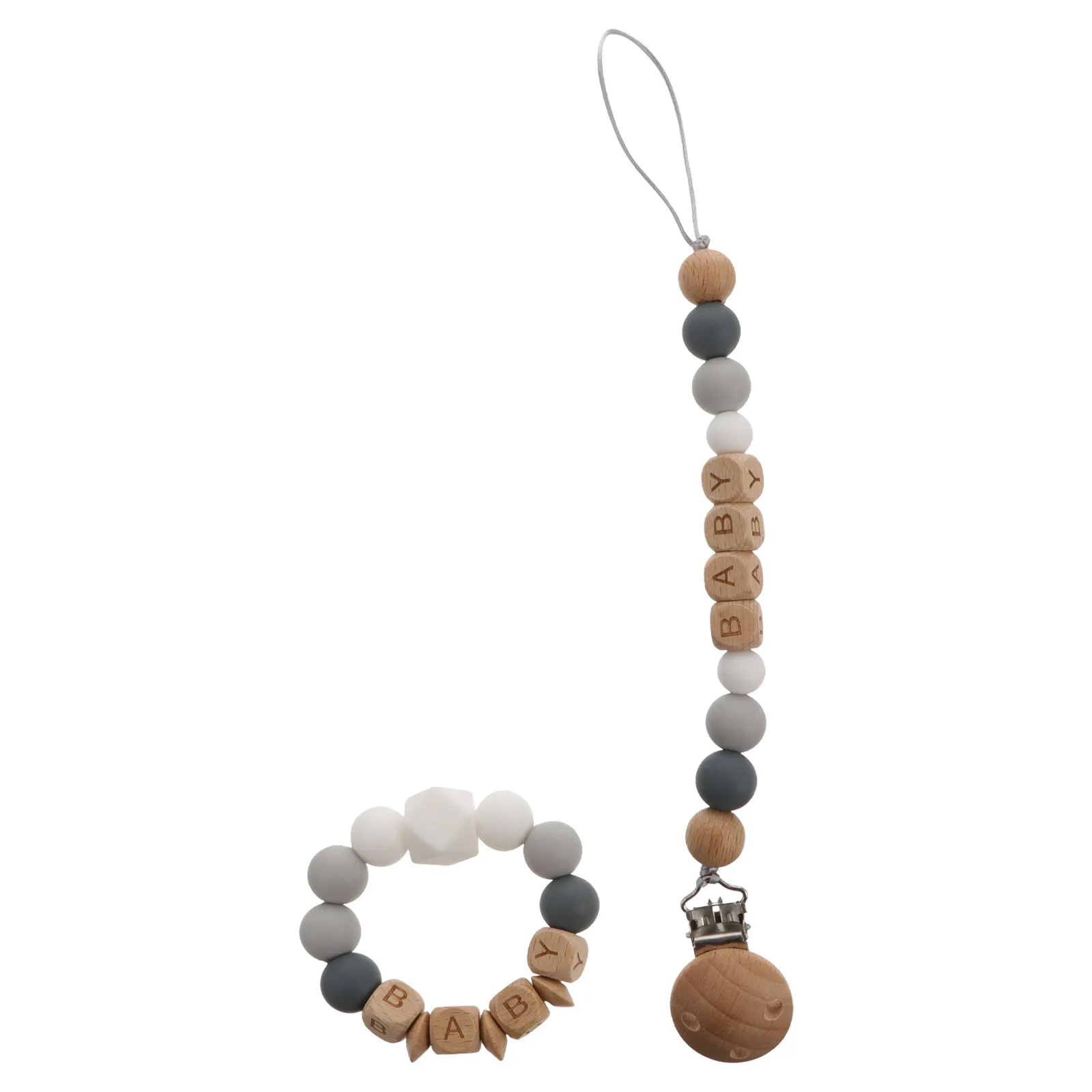 1 Set de Mordedores de Silicona para Bebés, Mordedor de Madera con Diseño de Dibujos Animados para Aliviar el Dolor de Dentición, Cadena para Chupete, Mordedor de Entrenamiento para Bebés