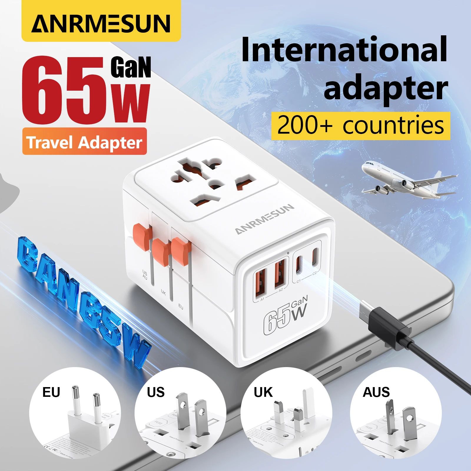 Adaptateur de voyage universel avec 4 prises ca, 2 Ports USB, 2 Type C PD 65W, Charge d'alimentation rapide tout-en-un pour prise EU UK AUS 2400W 45W