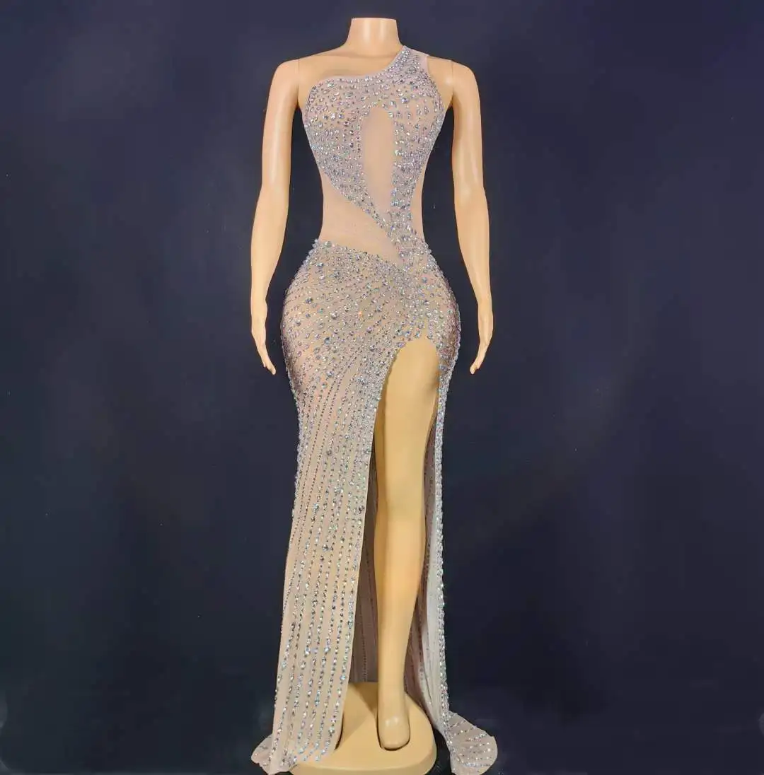المرأة بقماش شفاف الفضة حجر الراين فيغاس Showgirl كريستال فستان طويل لحفلة عيد ميلاد المغني أداء سحب الملكة زي