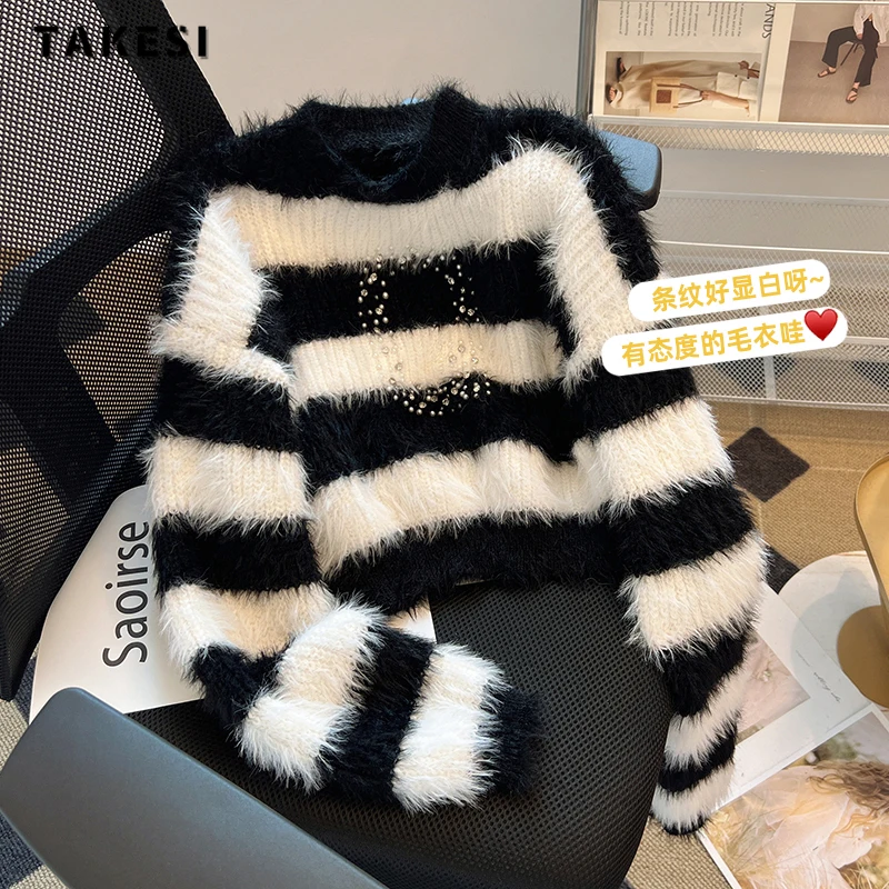 

Women's Vintage Knitting Long Sleeve Casual Luxury Pullovers 2023 Winter Fashion Round Neck Striped Ladies Loose Sweater Top