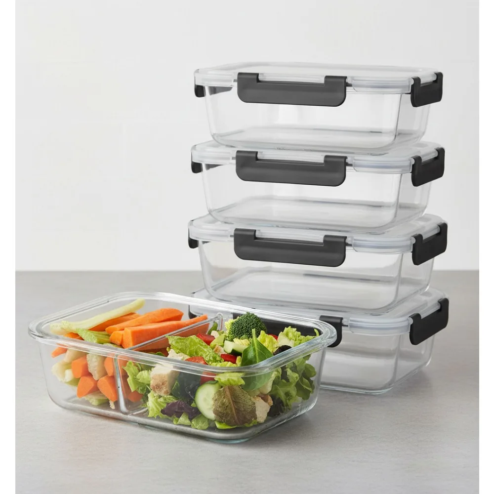 

5-Pack Divided Glass Food Containers with Lids, Airtight Meal Prep Bento Box for Portion Control & Weight Loss