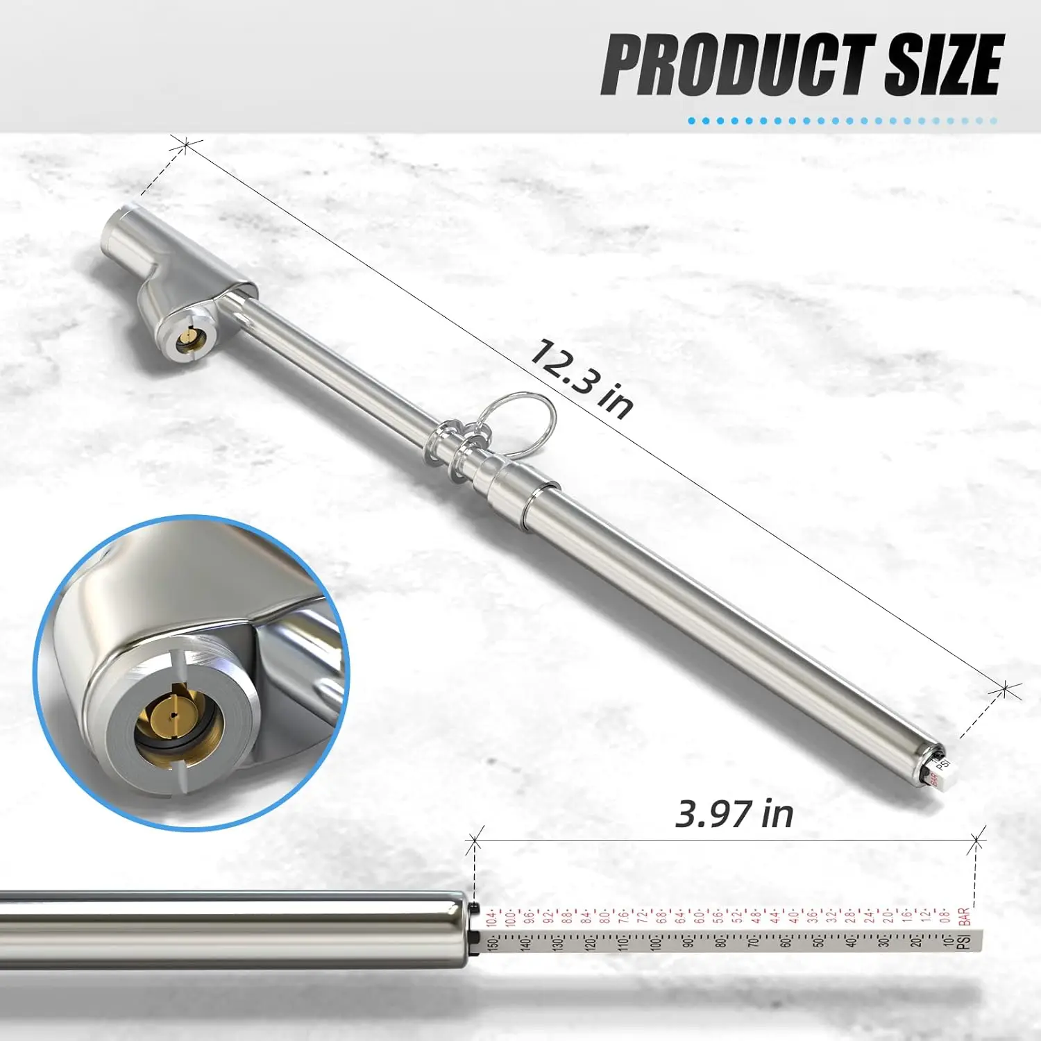 مقياس ضغط الإطارات من النوع المستقيم المزدوج الفضي، مقياس ضغط الهواء المزدوج الرأس 10 قطع، نطاق الضغط 10-150 رطل لكل بوصة مربعة · جودة البيع الساخن #2