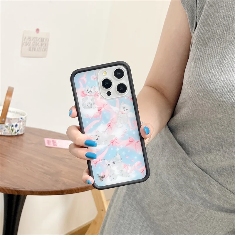 WF Cute Bear Duck Butterfly Wildflower Phone Case For iPhone 16 15 14 13 12 15 17 Pro Max Plus Ins Fashion WF Pink Bow Cat Shell