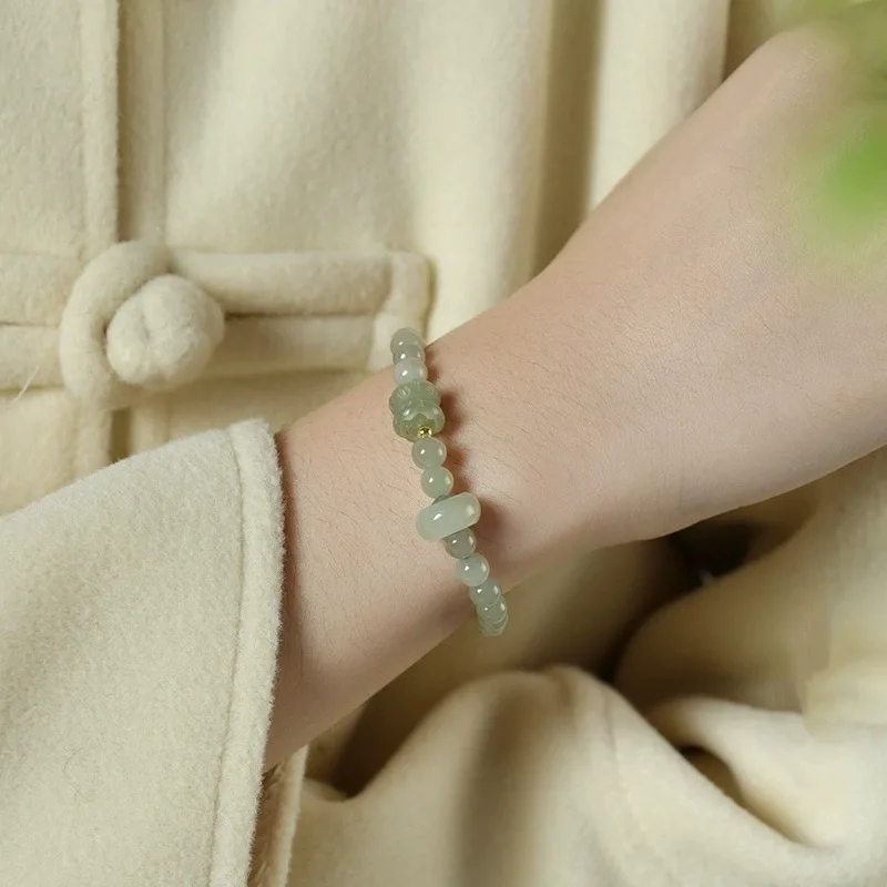 Natural Light Green Hetian Jade Twin Lotus Beaded Bracelet for Women Ideal Gift for Mom Gifts