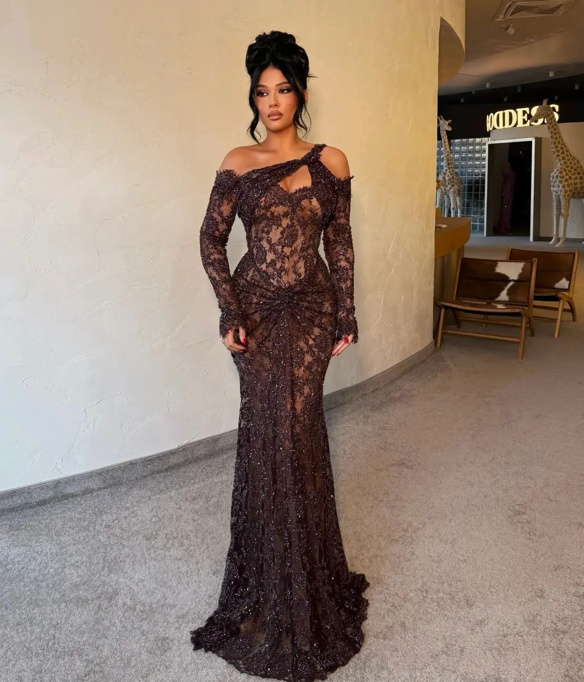Glamorous Black Women Evening Dresses Lace Long Sleeves Prom Gowns Arabic Floor Length Customized Dubai Wedding Guest Gowns