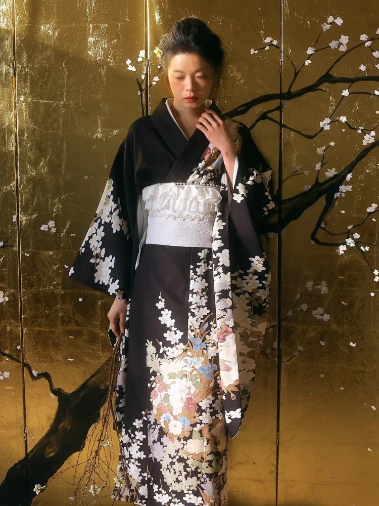 Women's Modified Japanese Kimono Black Color Sakura Prints Traditional Yukata Performing Dress Cosplay Costume
