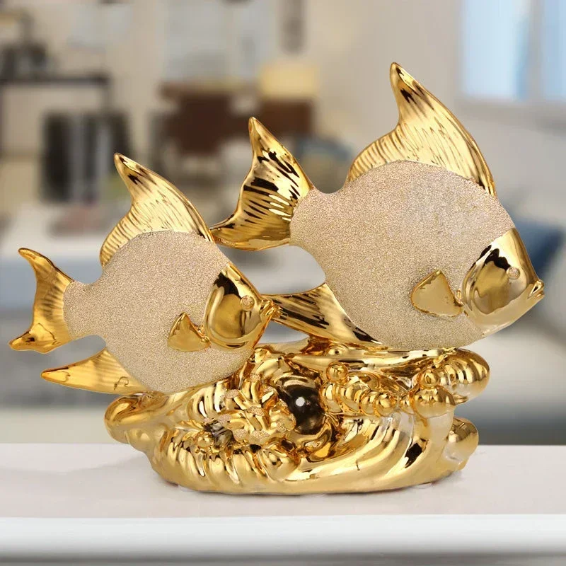 

European Ceramic Fishes Statue Figurines Crafts Home Decoration Wedding Gifts Fengshui Office Desk Gold Lucky Accessories Decor