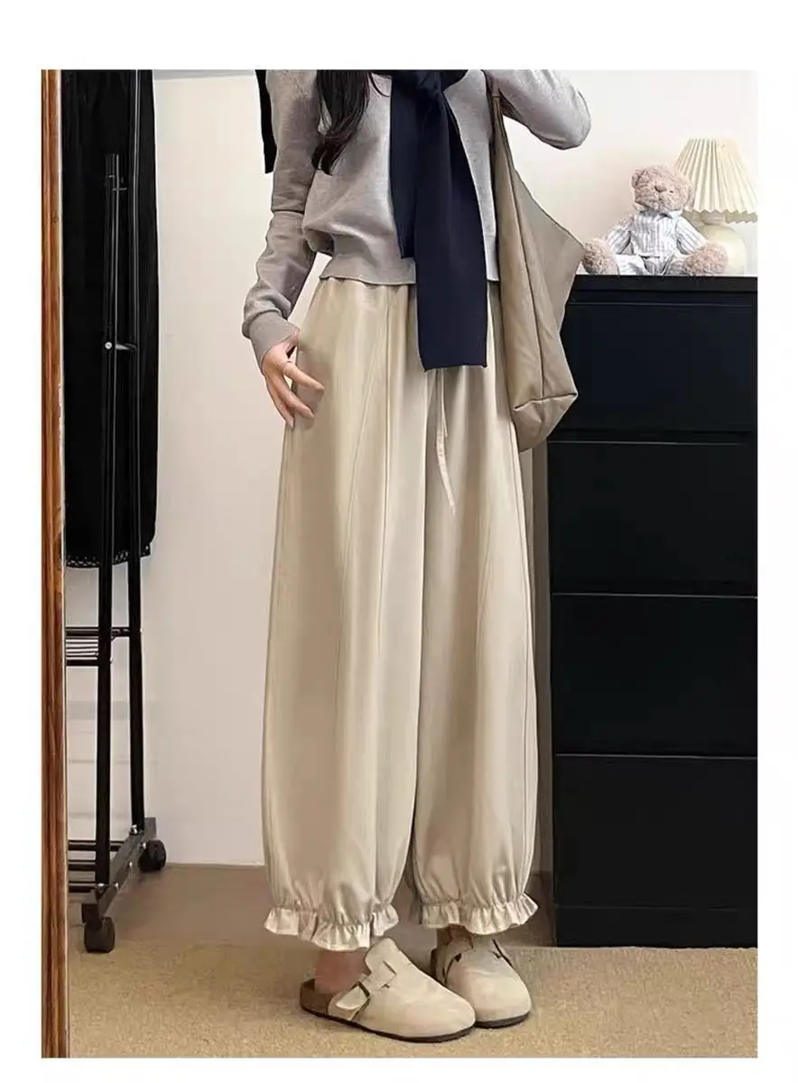 Wide Leg Pants Gym Womens Autumn Flannel Pleated Sólido Minimalist Office Classical Banded Waistband Knitted Softshell Basic OL