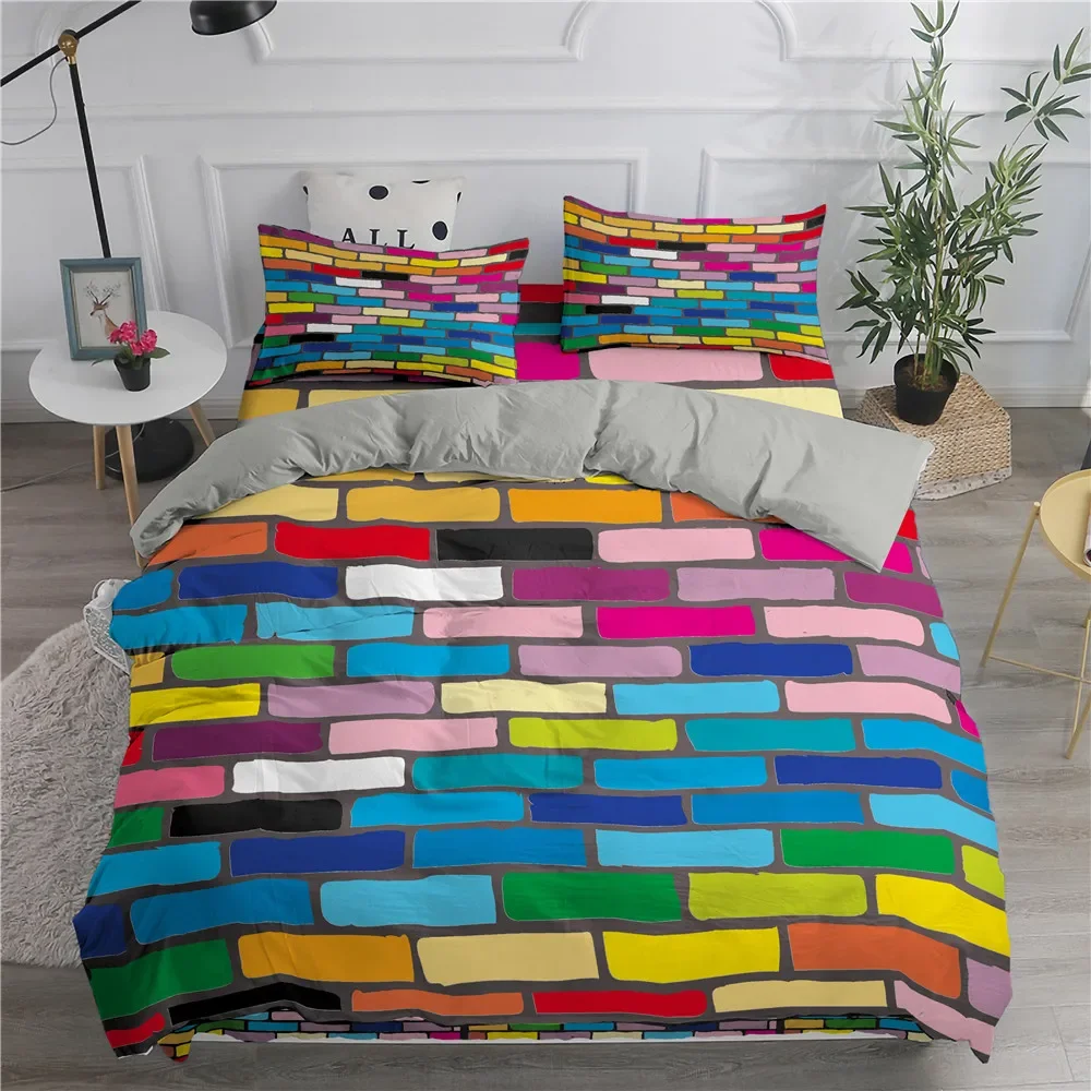 Building Block King Queen Duvet Cover Colorful Brick Bedding Set for Kids Teens Adults Cartoon 2/3pcs Polyester Comforter Cover