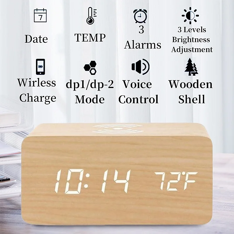 USB zasilany drewniany zegar cyfrowy budzik z bezprzewodowym ładowaniem TEMP data tryb nocny zegar na biurko 12/24H zegar LED sterowania głosowego