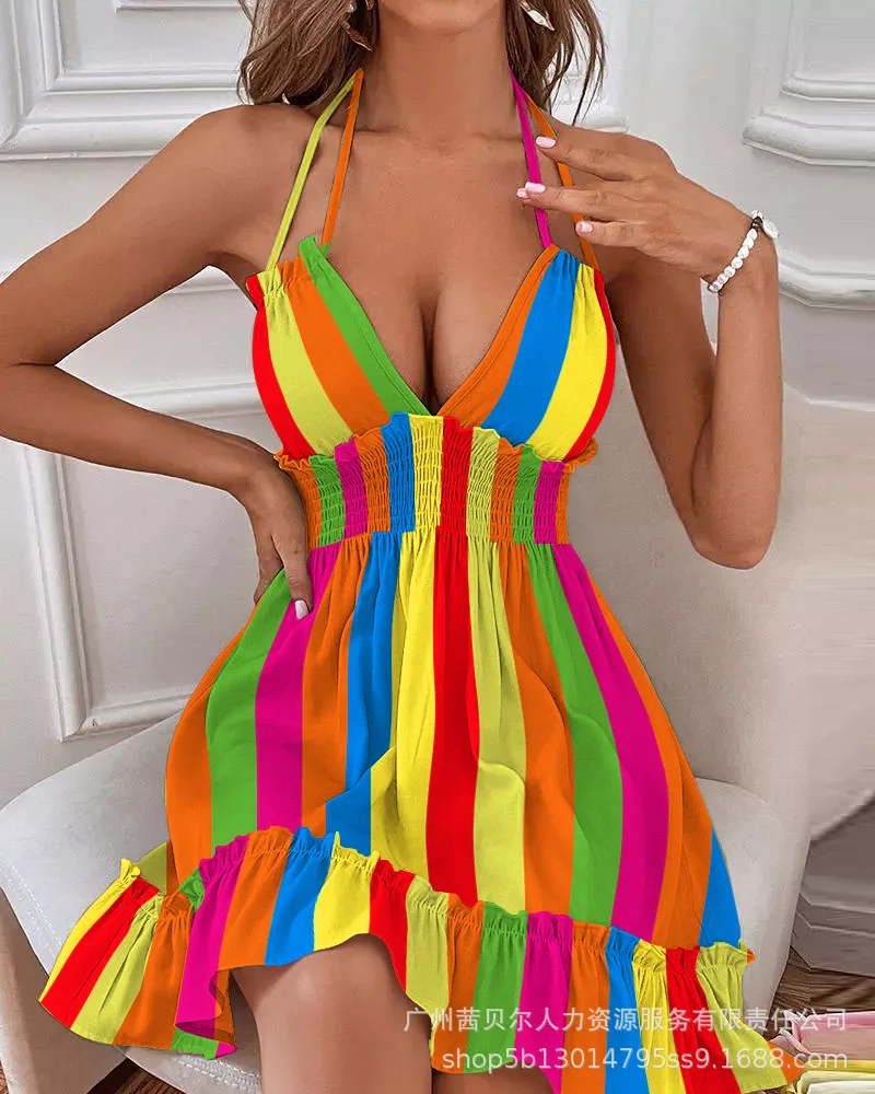 

Rainbow Stripe Print Shirred Ruffles Halter Casual Dress Women Sleeveless High Waist Summer Spring Mini Dress Sexy V Neck