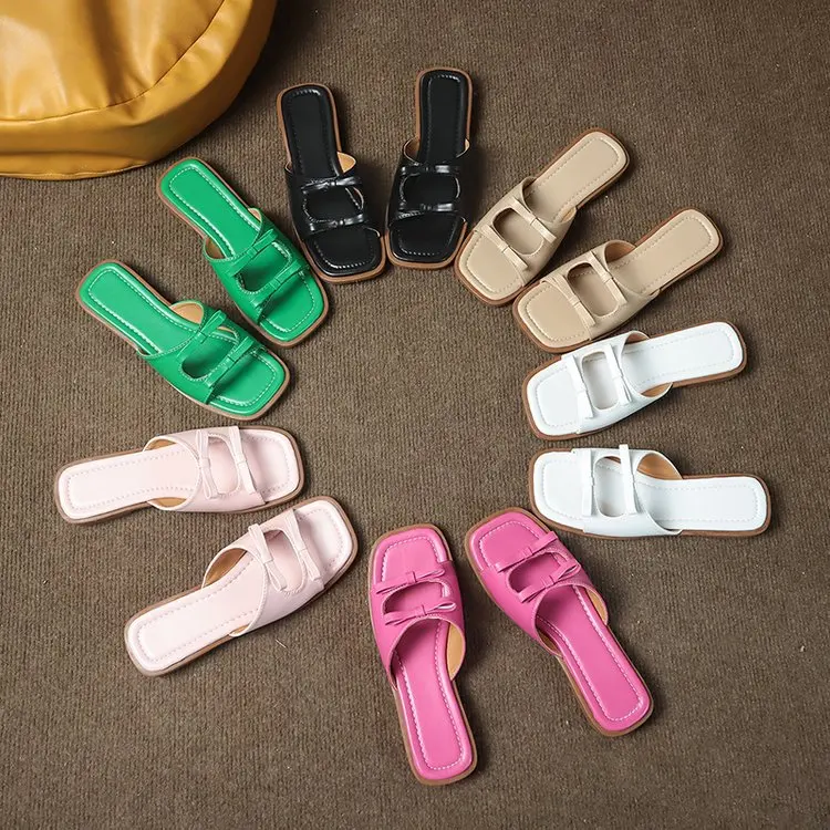 

Женские верхние тапочки с бантом и одним словом, летние сандалии большого размера на плоской подошве с квадратной головкой