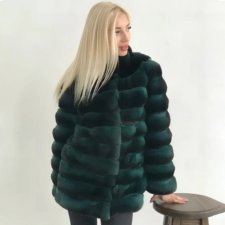 Rabbit Fur Jackets For Women Rex Rabbit Fur Coat With Stand Collar Chinchilla Colour Winter Clothes Women Real Fur Coat