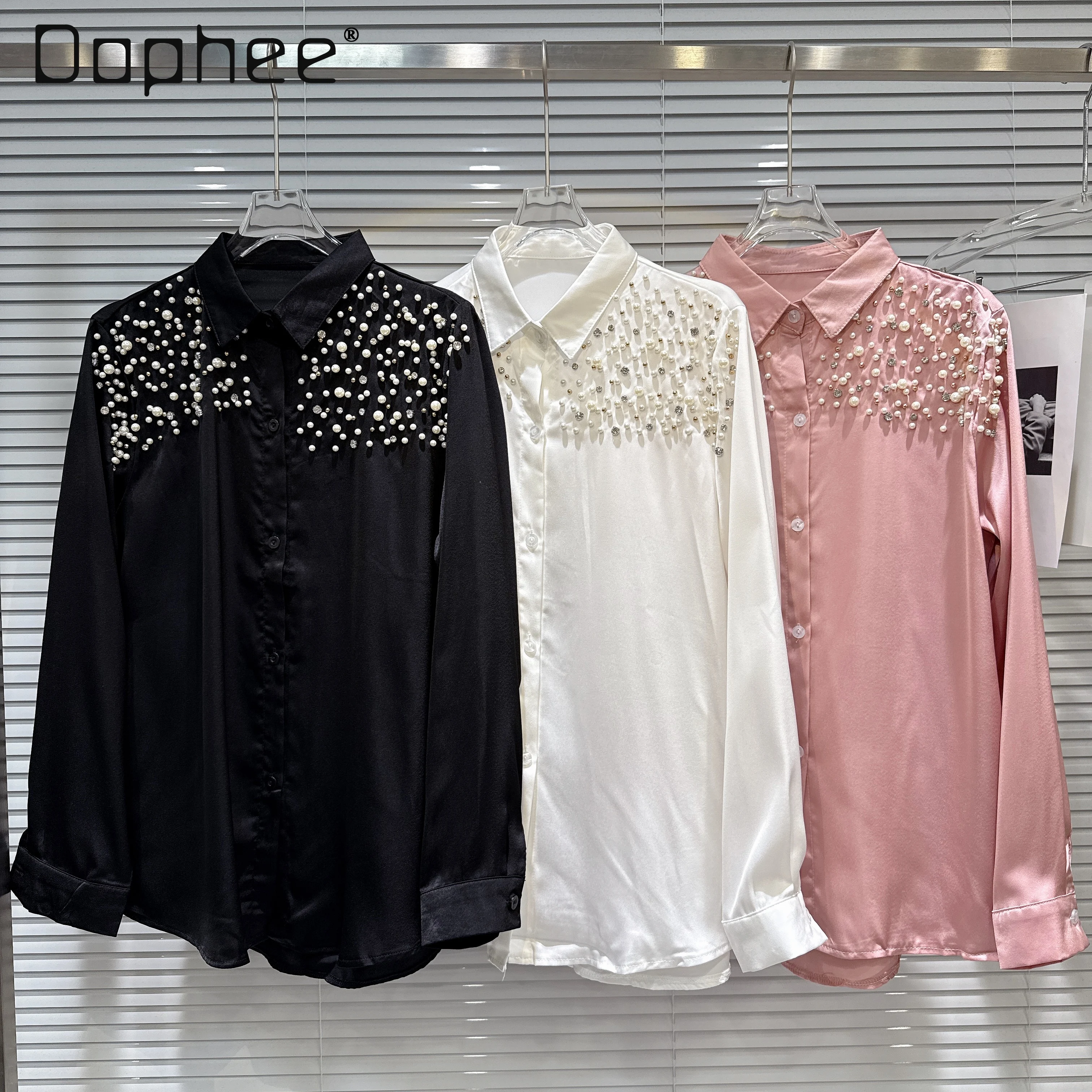 

Autumn New French Celebrity Pearl Bead Design Heavy Industry Satin Long-sleeved Shirt Commuter Temperament Fashion Loose Shirts
