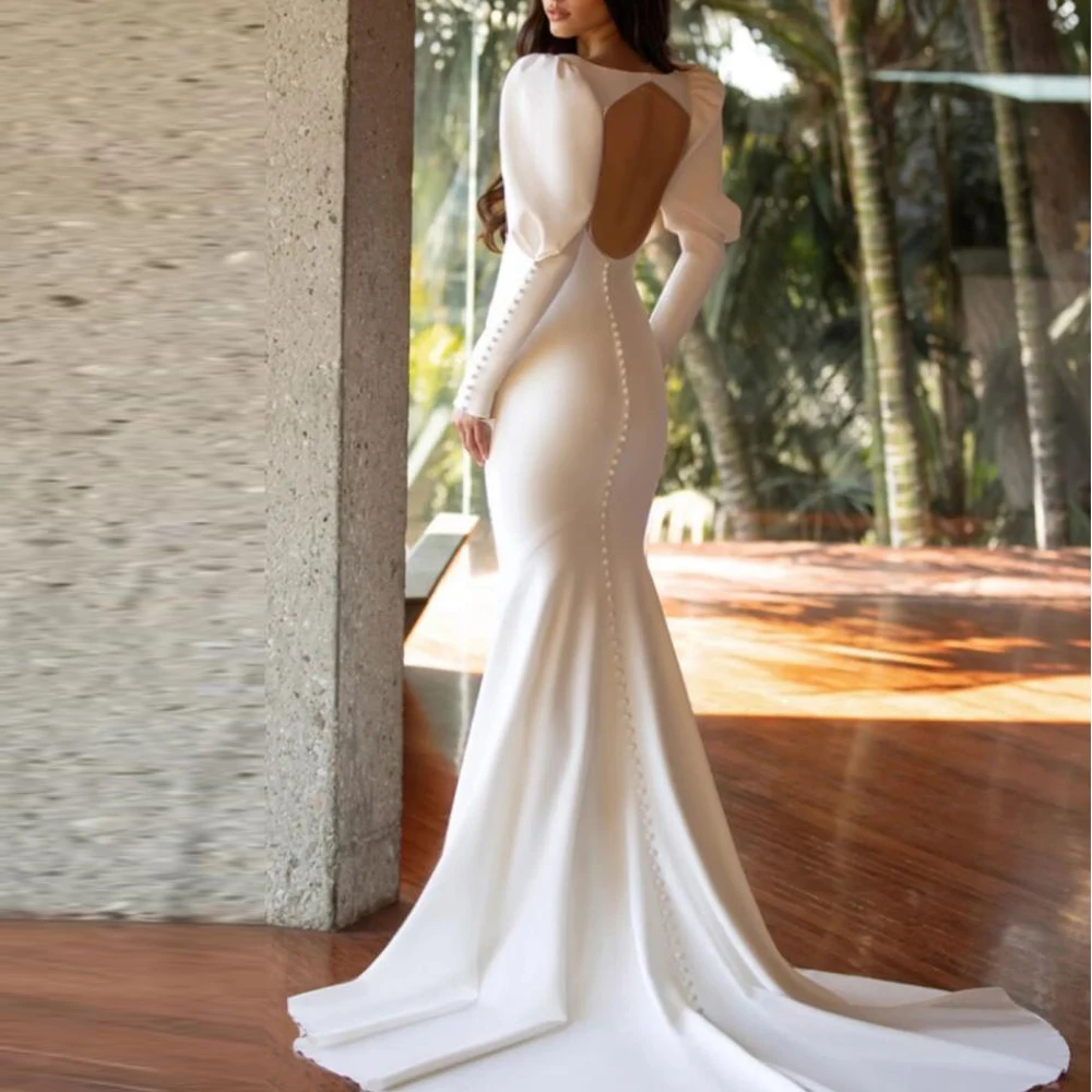 Customzied Puffy Sleeve Mermaid Wedding Dress V Neck Open Back vestidos de novia Button Back Satin Bridal Gown