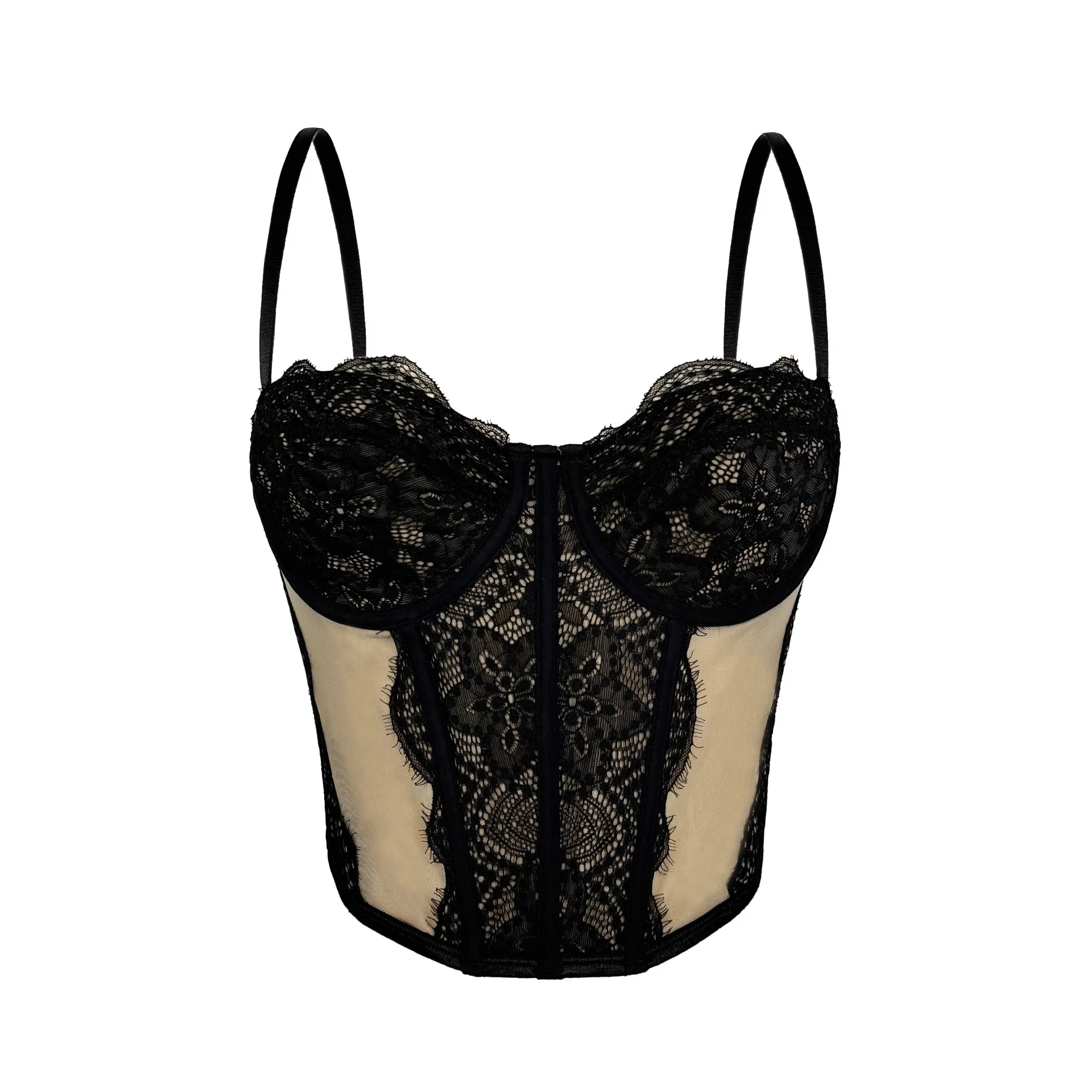 

Sexy Lace Bralettes Without Padding Bustier Bra, Sheer Mesh Bustier Top for Women, Push Up Waist Cincher Corset for Outerwear