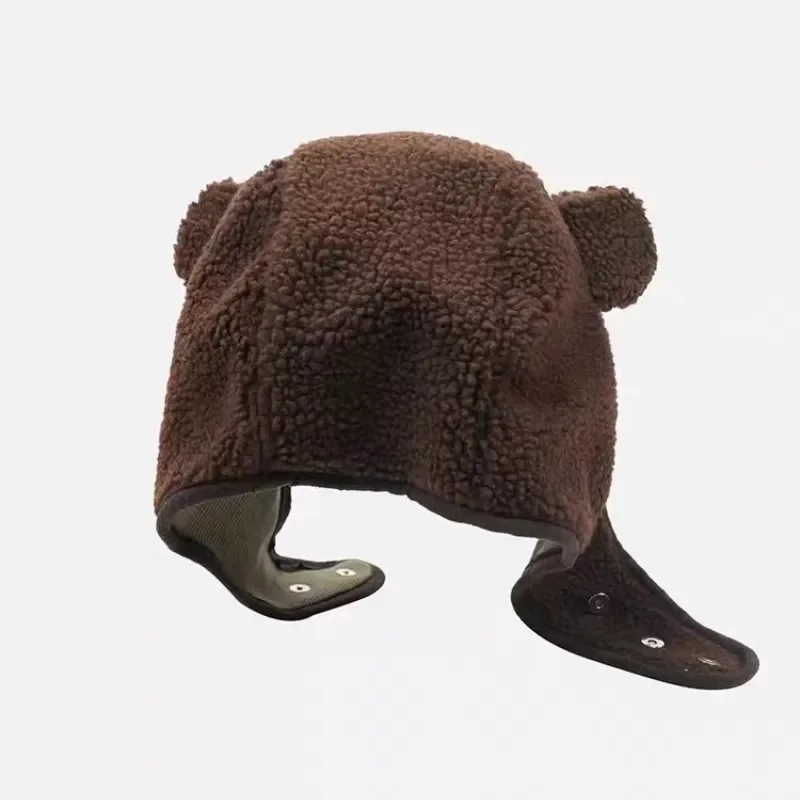 New Brown Bear Ear Hat Scarf Beanies Men Women Winter Safety Helmet Rockwool Magnetic Buckle Outdoor Protector Hat with Earflaps