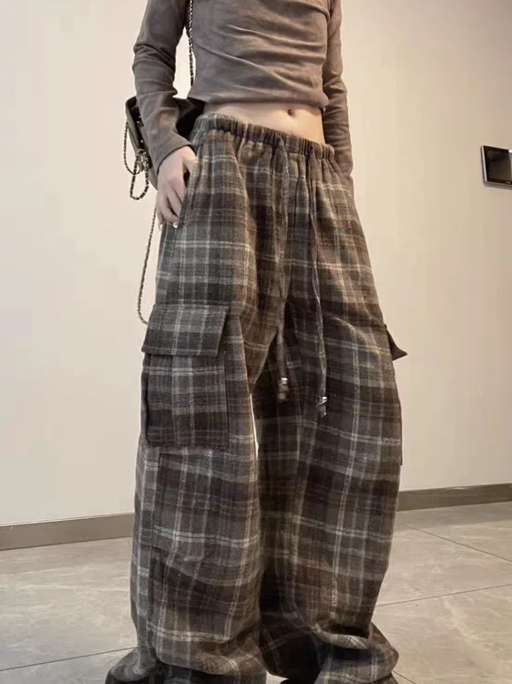 

Retro American Plaid Work Pants Women's Loose Wide Leg High Waist Casual Checkered Long Trousers Autumn Winter Fashion