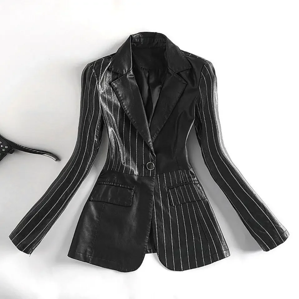 Spliced Striped Suit Leather Jacket Women Spring and Autumn Korean Slim Coat Western Motorcycle Suit Leather Jacket Black Suede