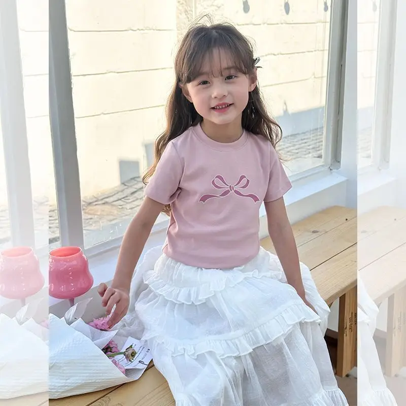 

100% Cotton Top Summer Children's Chinese Bow Girls' Short Sleeve Popular China-Chic Girls' T-shirt Fashion
