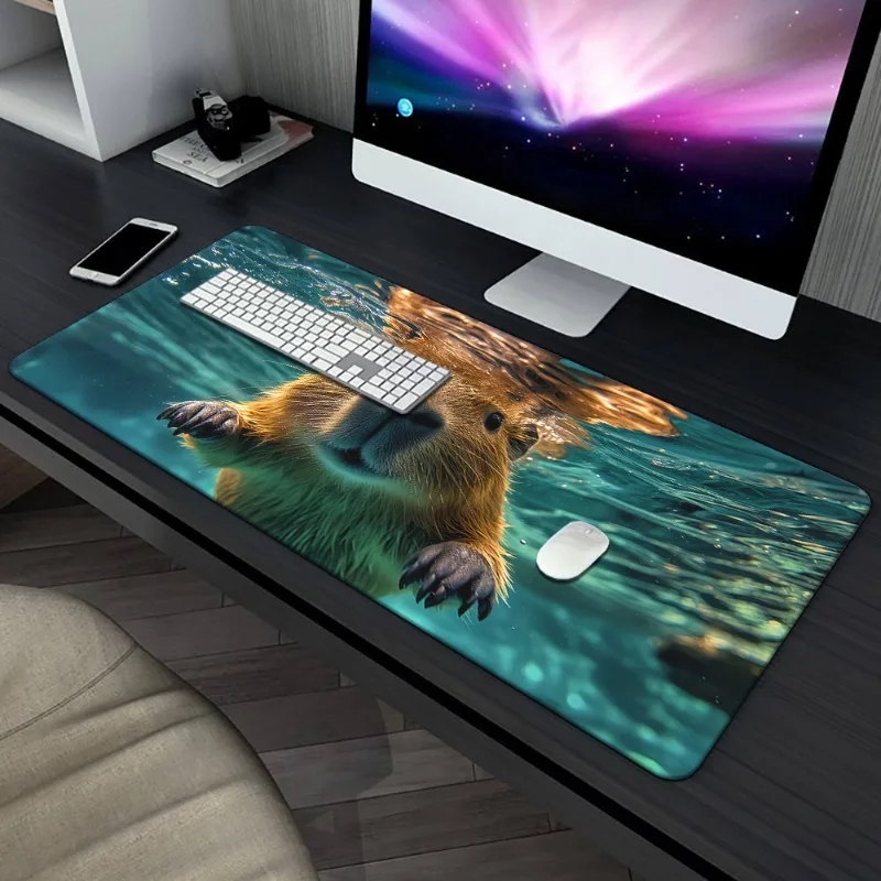Cute Animal XXL Desk Mat Swimming Capybara Water View Gaming Mouse Pad Non-Slip Base Stitched Edge Perfect Gift