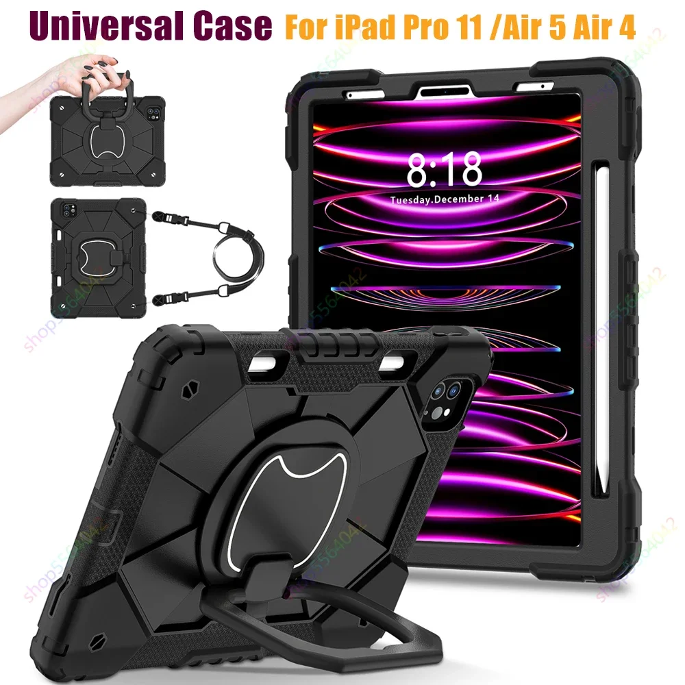 

Case for iPad Pro 11 Inch 2020 2021 2022 iPad Air 5 Air 4 10.9 inch Shockproof Silicon PC Pull Ring Stand Shoulder Strap Cover