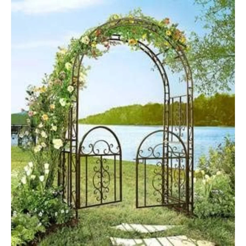 Arch Metal Outdoor Garden Arbor Double Gate |Gunmetal Black | Trellis Lattice Climbing Plants，plant Stand