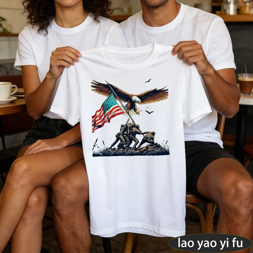 Patriot Military Heritage Iwo Jima Soldier Flag Bald Eagle Raising Silhouette Graphic Print Cotton shirt Men Casual Short Sleeve