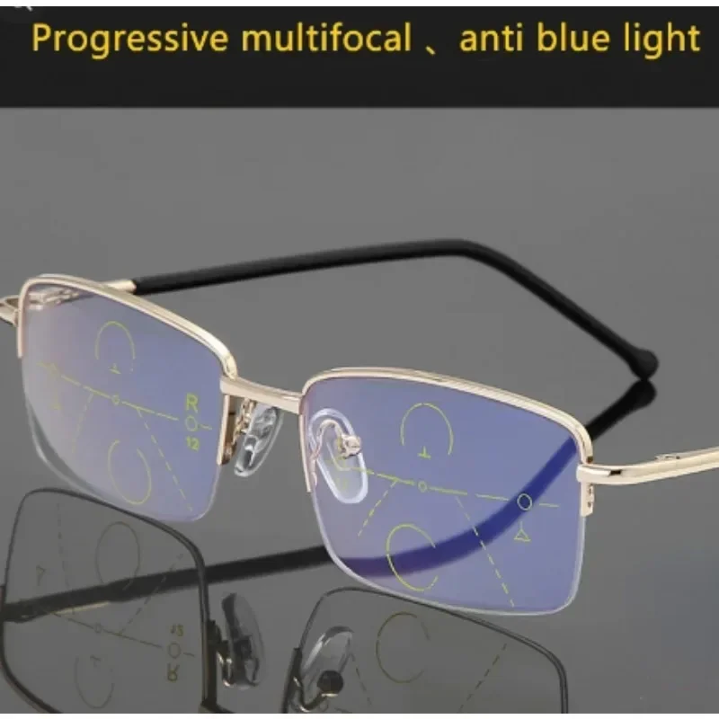 High Quality Progressive Reading Glasses Multifocal Men Women Anti Blue Light Magnifying Presbyopic Glasses Half Frame Gold Очки